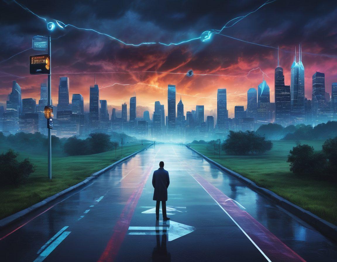 An illustration of a person standing at a crossroads, with one path leading to a bright, thriving city representing financial success, and the other leading to a dark, stormy landscape symbolizing debt struggles. In the foreground, a modern digital device displays graphs and metrics highlighting debt awareness. Floating icons representing various monitoring tools surround the scene, adding a high-tech feel. The sky transitions from dark to light, to signify transformation. vibrant colors. super-realistic.