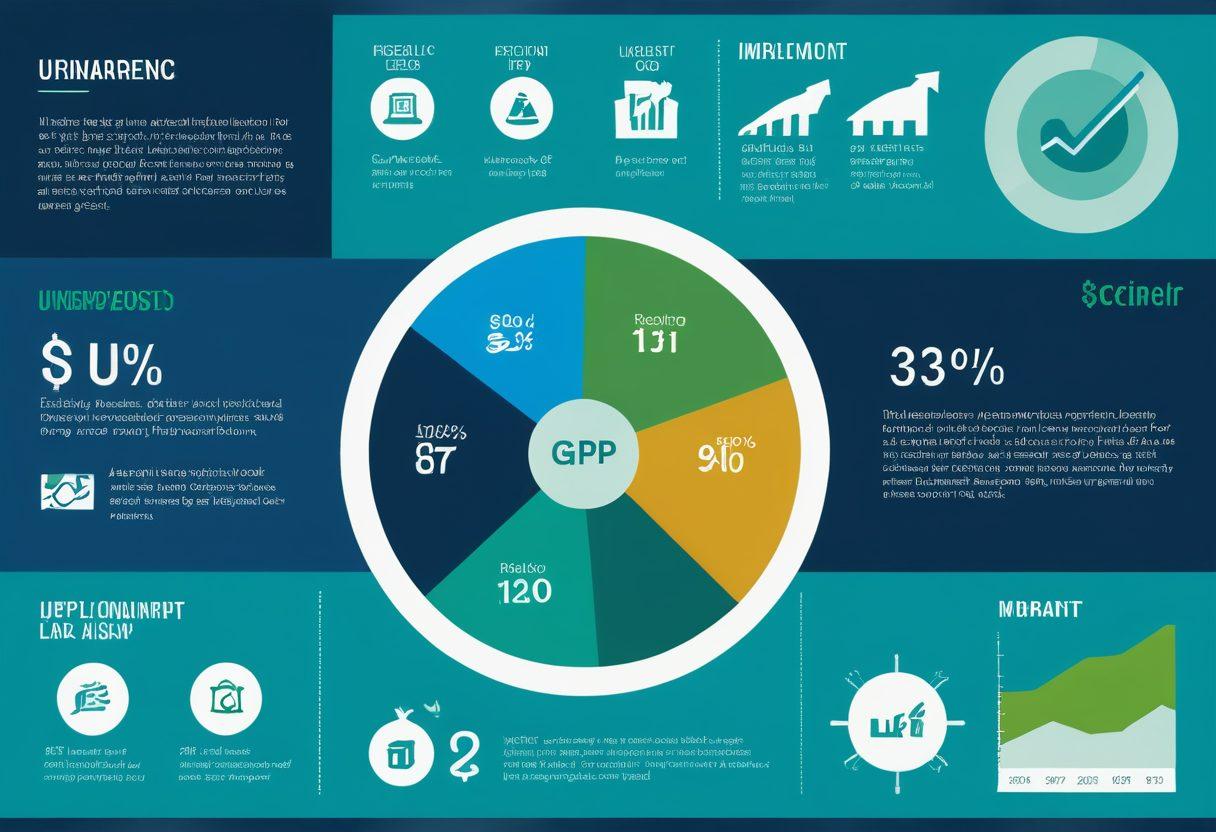 A vibrant, informative infographic displaying various economic indicators such as GDP, inflation, and unemployment rates, intertwined with visuals of fiscal responsibility like a balanced budget, savings accounts, and debt relief icons. Include graphs and charts to highlight trends and data. The background should be a blend of calming blue and green tones to symbolize stability and growth. Ideal for guiding readers on financial literacy. vector art. vibrant colors.