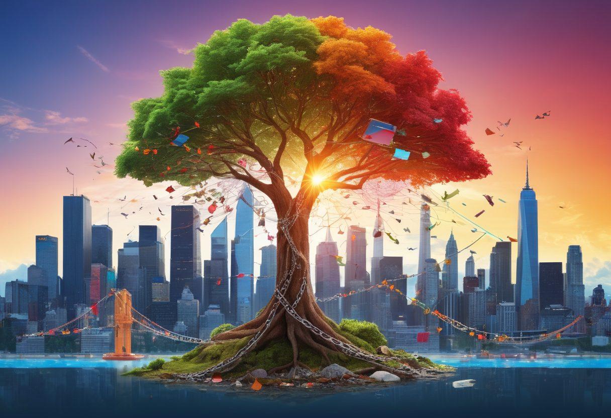 A vibrant illustration of a skyline divided into two halves: one side cluttered with chains and bills symbolizing debt, the other side bursting with bright colors, open skies, and symbols of financial freedom like a rising sun and a flourishing tree. Incorporate a central figure using a tablet with graphs and monitoring tools that bridge both worlds. super-realistic. vibrant colors. 3D.